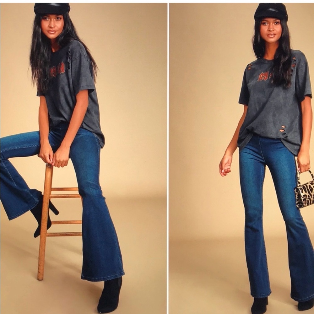 Free People We The Free Low Rise Penny Pull Flare Dark Wash Jeans Retro Stretch